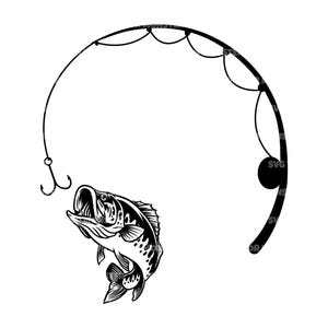 Pesca de lubina en formato Svg, Pescador en formato Svg, Pez en formato Svg, Caña de pescar. Archivo de corte vectorial para Cricut, Silhouette, Pdf, Png, Dxf, Calcomanía, Adhesivo, Vinilo.