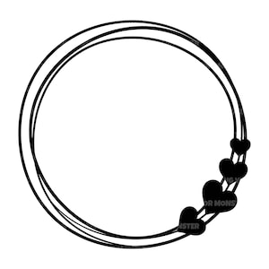 May include: A black and white circular frame with a double border. Five black hearts are arranged around the right side of the frame.