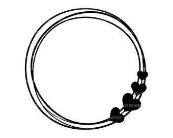 May include: A black and white circular frame with a double border. Five black hearts are arranged around the right side of the frame.