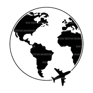 Vliegtuig Svg, World Travel Svg, Earth Trip, Wanderlust, rondvliegen. Vector gesneden bestand Cricut, silhouet, Pdf Png Dxf, sticker, sticker, vinyl.