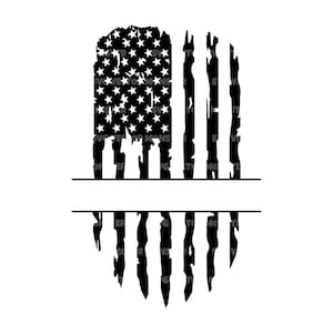 May include: A distressed American flag design with a horizontal line in the middle for personalization. The flag is black and white with a distressed look.