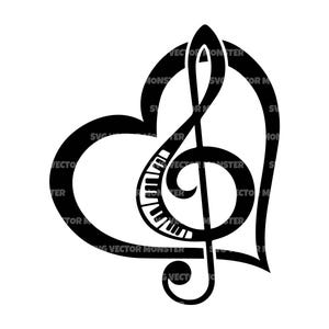 Op de afbeelding: Zwart-wit afbeelding van een hart met een vioolsleutel en pianotoetsen. Dit ontwerp is een symbool van muziek en liefde, geschikt voor muzikanten of muziekliefhebbers.