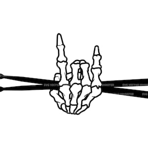 Cuernos de roca esqueleto SVG, baquetas svg, baterista svg, cuernos del diablo. Archivo de corte vectorial para Cricut, Silueta, Pdf Png Eps Dxf, Calcomanía, Pegatina.