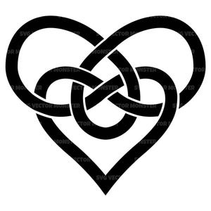 Könnte beinhalten: Ein schwarzes keltisches Knotenherz-Design. Die verschlungenen Linien bilden ein Herz, mit den Worten "VECTOR MONSTER" und "SVG VECTOR" im Design. Das Design befindet sich auf weißem Hintergrund.
