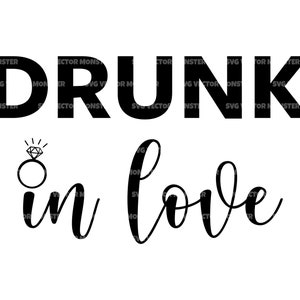 Puede incluir: Diseño gráfico en blanco y negro con las palabras "DRUNK" arriba e "in love" abajo. Un gráfico de un anillo de diamantes está entre las palabras. Adecuado para diversas aplicaciones.