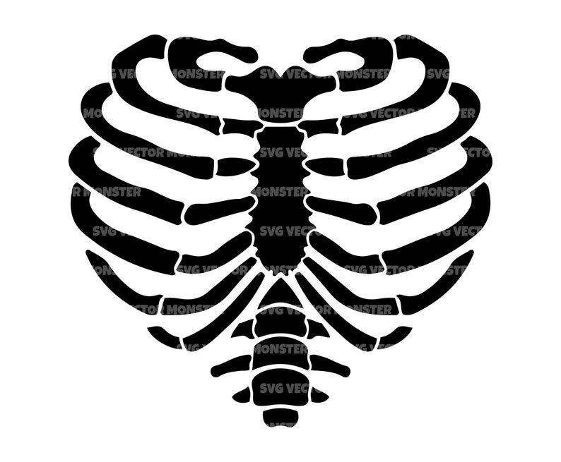 May include: Black silhouette of a ribcage in the shape of a heart.