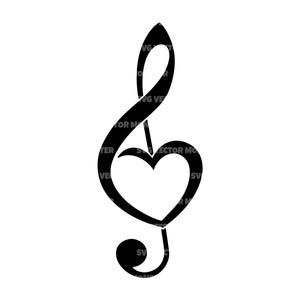 Op de afbeelding: Een zwart ontwerp van een G-sleutel met een hartvormig midden. Het muzieksymbool is een gestileerde weergave van liefde en muziek, perfect voor muziekliefhebbers en muzikanten.