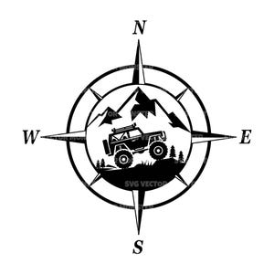 Puede incluir: Diseño de brújula en blanco y negro con una cordillera y un vehículo 4x4. La brújula apunta al norte, sur, este y oeste. El texto "SVG VECTOR" es visible.