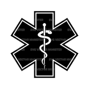 Puede incluir: Un símbolo médico blanco y negro, una estrella de seis puntas con una serpiente enroscada alrededor de un bastón en el centro.