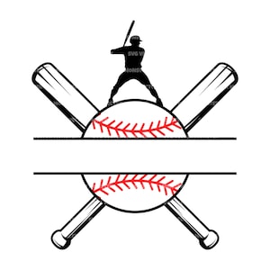 Baseball Split Name Monogram Svg, Baseball Player, Crossed Baseball Bats. Vector Cut file for Cricut, Silhouette, Pdf Png Eps Dxf.