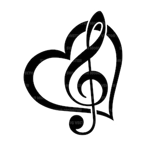 May include: Black graphic of a heart shape with a treble clef symbol inside. The heart and clef are solid black against a white background. The design is a vector graphic.