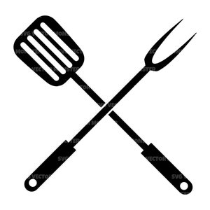 Może przedstawiać: Czarno-biała sylwetka łopatki i widelca do grillowania skrzyżowanych ze sobą.