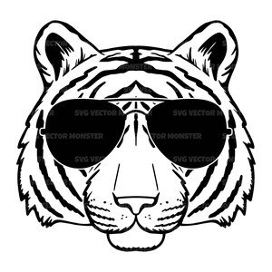 May include: Black and white illustration of a tiger's face wearing sunglasses. The sunglasses have the text "SVG Vector Monster" on the lenses.