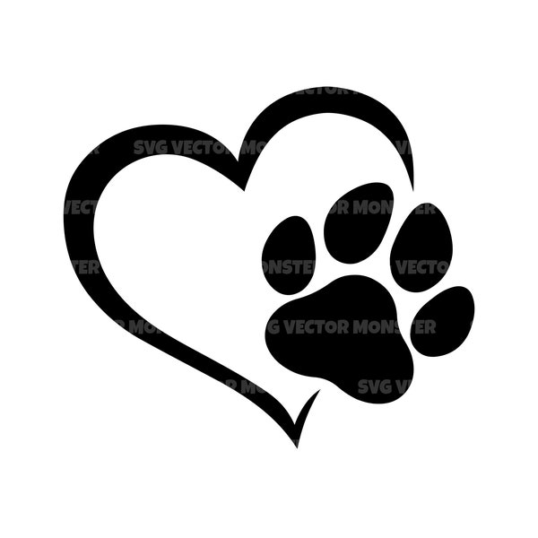 Heart Dog Paw Print Svg. Vector Cut File for Cricut, Silhouette, Png Dxf Png Pdf, Stencil, Decal, Vinyl, Symbol