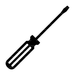 Op de afbeelding: Een zwarte schroevendraaier met een platte kop en een lange, dunne handgreep.