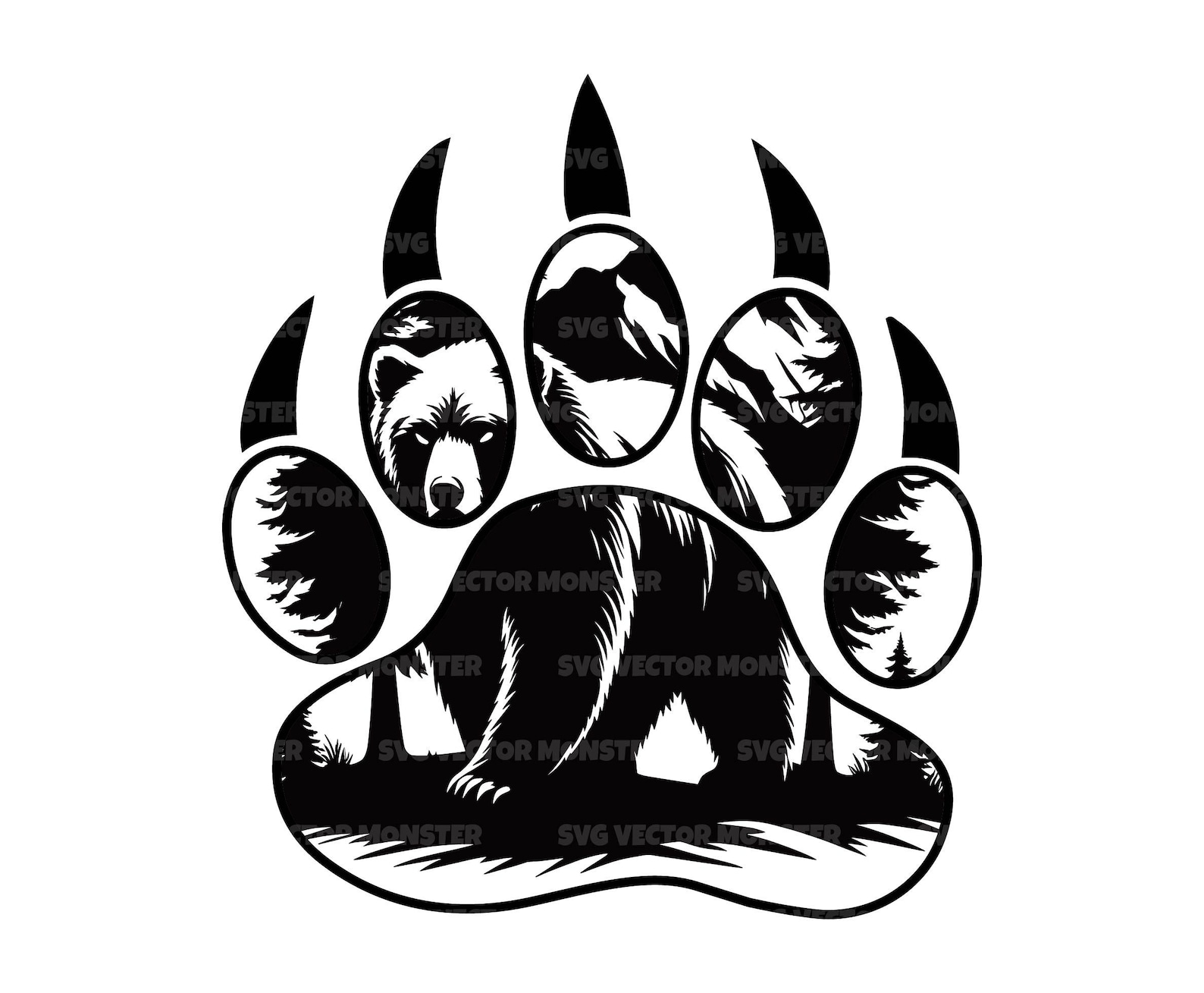Bear Paw Print Svg, Grizzly Bear Svg, Forest Svg. Vector Cut File ...