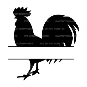 May include: Black silhouette of a rooster with a split line for adding text. The rooster is facing left with its head turned to the right. The rooster's tail feathers are spread out.