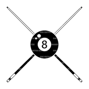 May include: Black and white illustration of a pool cue crossed over a black eight ball with white dots.