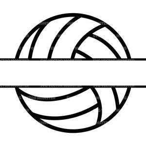 May include: Black and white split monogram design featuring a volleyball. The volleyball is outlined in black and has a white interior with black lines.