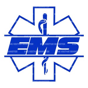 May include: A blue EMS symbol with a white background. The design features a star of life emblem with the letters "EMS" in bold, stylized font. A staff with a snake is centered within the design.