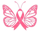 Pink Ribbon Butterfly Svg. Breast Cancer Awareness, Fight Cancer. Vector Cut file Cricut, Silhouette, Pdf Png Eps Dxf, Sticker, Vinyl, Pin.