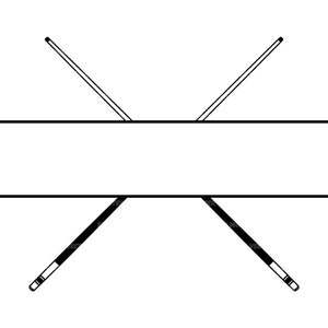May include: Black and white illustration of two crossed pool cues with a space for text in the middle.