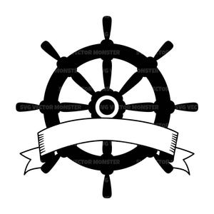 Puede incluir: Ilustración en blanco y negro de un timón de barco con una pancarta en blanco. El timón tiene ocho radios y un cubo central. La pancarta está debajo del timón y tiene una forma curva.