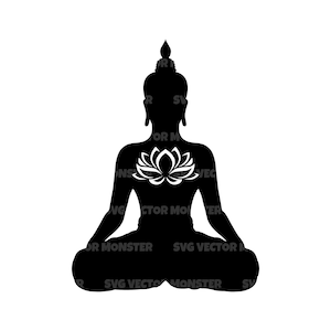 Boeddha Svg met lotusbloem. Vector gesneden bestand voor silhouet, Cricut, Pdf Eps Png Dxf, stencil, sticker, pin, sticker