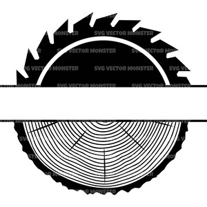 May include: Black and white silhouette of a saw blade and a tree trunk cross section. The saw blade is on top of the tree trunk. The image is a split monogram design.
