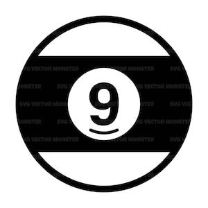 May include: A black and white billiard ball with the number 9 printed in the center.