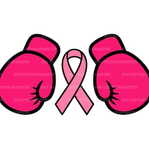 May include: A graphic illustration featuring two pink boxing gloves with black outlines flanking a pink awareness ribbon. The words "SVG VECTOR MONSTER" are printed on the gloves.