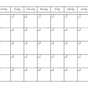 Puede incluir: Un planificador semanal en blanco con un diseño de cuadrícula para cada día de la semana, de lunes a domingo. Los días de la semana están etiquetados en la parte superior del planificador.