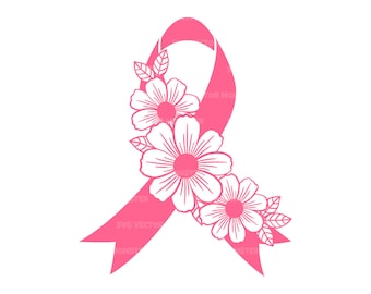 Floral Pink Ribbon Svg. Breast Cancer Awareness, Stron Women, Warrior. Vector Cut file Cricut, Silhouette, Pdf Png Dxf.