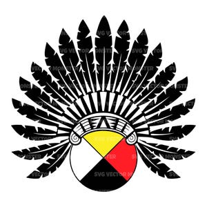 Peut inclure: Illustration en noir et blanc d'une coiffe amérindienne avec un cercle de quatre couleurs au centre. Le cercle est divisé en quatre sections : blanc, jaune, rouge et noir.