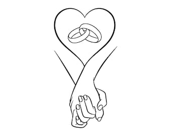 May include: A black and white line drawing of two hands holding each other, forming a heart shape with two rings inside.