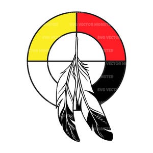 Könnte beinhalten: Schwarz-weiße Illustration eines indianischen Medizinrads mit einer Feder. Das Rad ist in vier Abschnitte unterteilt: gelb, rot, schwarz und weiß. Zwei schwarz-weiße Federn hängen von der Mitte.