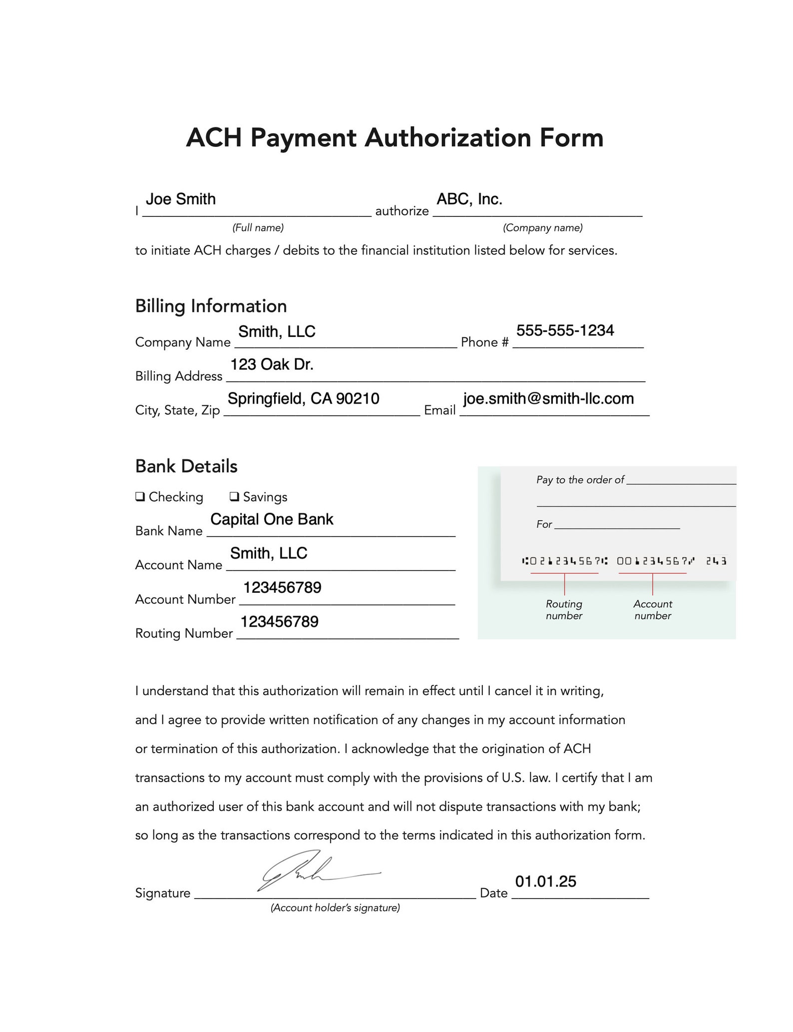 ACH Authorization Form: Fillable PDF Template for Quickbooks - Etsy