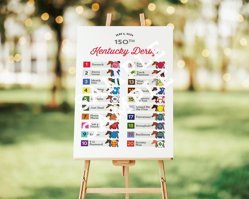 2024 150 KY Derby Party Poster, Leaderboard, Derby Sign, Derby Horses, Post Positions, Gate Numbers, Jockey Silks, Digital Download, Decor image 4