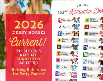 2026 Kentucky Derby Poster, CURRENT 5/1, UPDATED with 3 Scratches – Party Decoration, Handout, Betting Reference