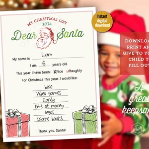 Weihnachtswunschliste für Kinder, Brief an Santa, druckbare Urlaubswunschliste Vorlage, Kinderwunschliste, Weihnachtsmann-Wunschliste, Junge, Mädchen