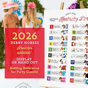 May include: A white easel displays a Kentucky Derby betting reference for 2026, with horse names and numbers. The red sign says "2026 Derby Horses" and "Betting Reference for Party Guests!" Two women are blurred in the background.
