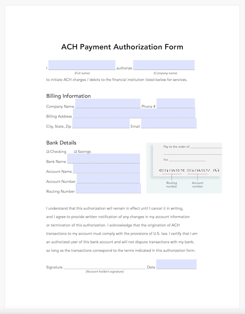 ACH Authorization Form: Fillable PDF Template for Quickbooks - Etsy