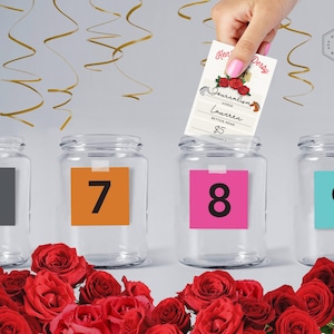May include: Four glass jars with numbers 6, 7, 8, and 9 on them. A hand is holding a white card with the text "Kentucky Derby, Journalism, Horse: Lauren, Betting Money: $5". The jars are surrounded by red roses.
