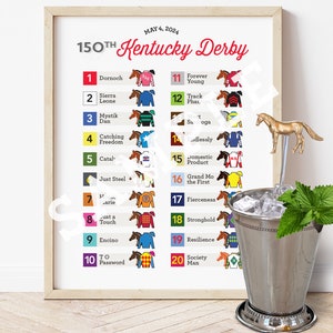 2024 150 KY Derby Party Poster, Leaderboard, Derby Sign, Derby Horses, Post Positions, Gate Numbers, Jockey Silks, Digital Download, Decor image 1