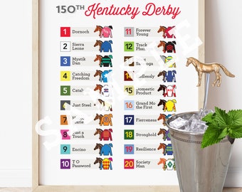 2024 150 KY Cartel de la fiesta Derby, Tabla de clasificación, Signo Derby, Caballos Derby, Posiciones de puesto, Números de puerta, Sedas Jockey, Descarga digital, Decoración