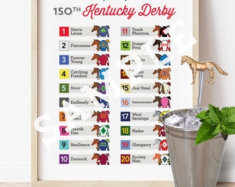 2024 150 KY Cartel de la fiesta del Derby, Tabla de clasificación, Signo del Derby, Caballos del Derby, Posición de publicación, Número de puerta, Sedas de jockey, Descarga digital, Decoración