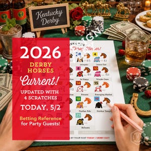 Hoja de apuestas en vivo del Derby de Kentucky 2026, cuotas actuales 5/2, actualizada con 4 retiros: complete las cuotas actuales el día de la carrera (descarga digital).