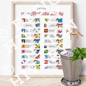 May include: A framed print of the 152nd Kentucky Derby, featuring a list of horses and their jockey colors. The print includes the text "BUY NOW, DOWNLOAD & PRINT LATER!" and a silver mint julep cup with ice and mint.