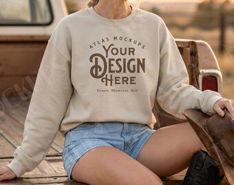 Sand Gildan 18000 Mockup Close Up | Realistic Fabric Texture | G18000 Sweatshirt Mockup | Western Style Lifestyle |  POD Mockup
