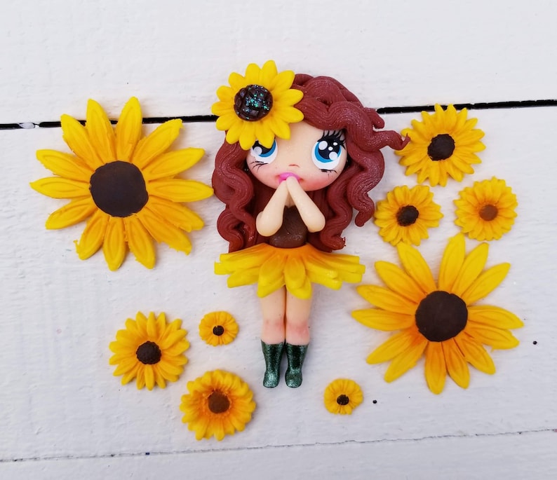 bow dolls polymer clay 10 piece Sunflower Clay doll bundle crafts clay,handmade dolls single Sunflower clay clay center Sunflower clay c